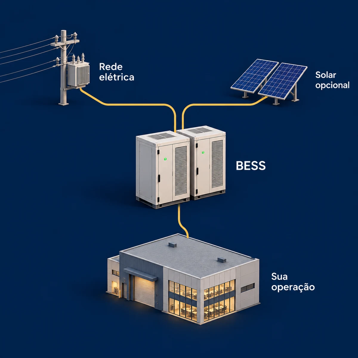 Ilustração: a rede elétrica e a geração solar opcional alimentam o BESS, que armazena energia para atender cargas da operação.